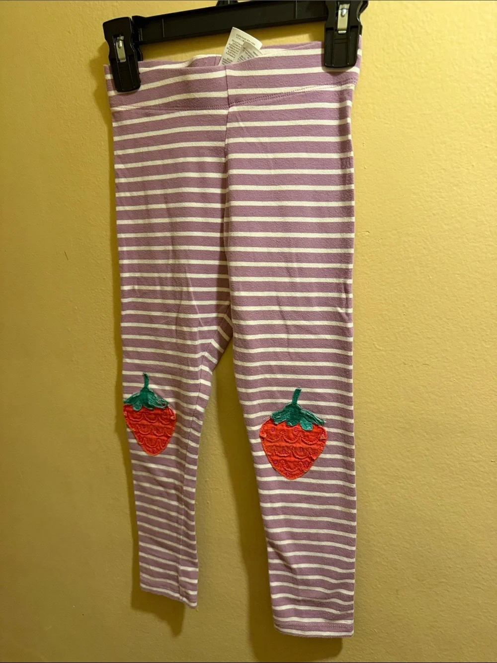 Mini Boden Lavender & White Striped Leggings with Red Strawberry Knees